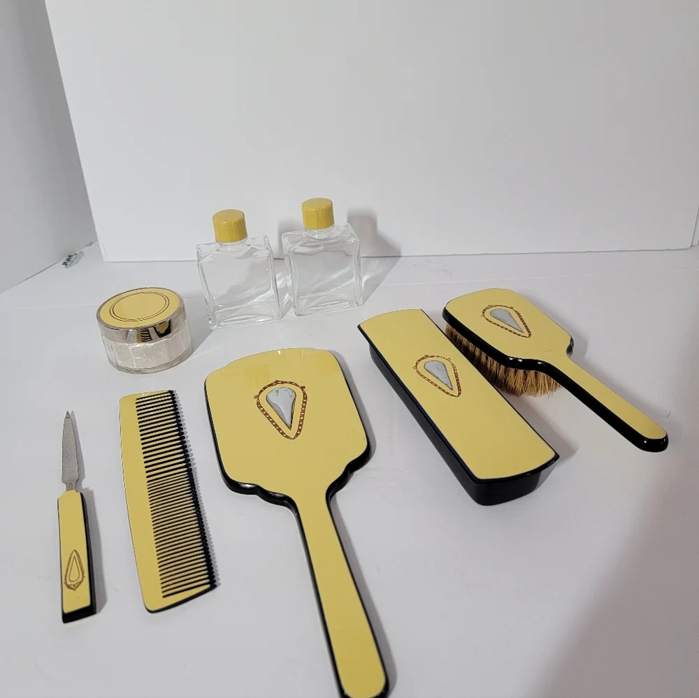 Vintage Art Deco Celluloid Bakelite Vanity Set Mirror 8 Pc Set Mirror Brush